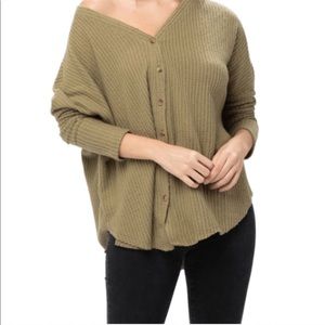 Waffle brushed Knit Tunic Tie Knot Loose V-Neck